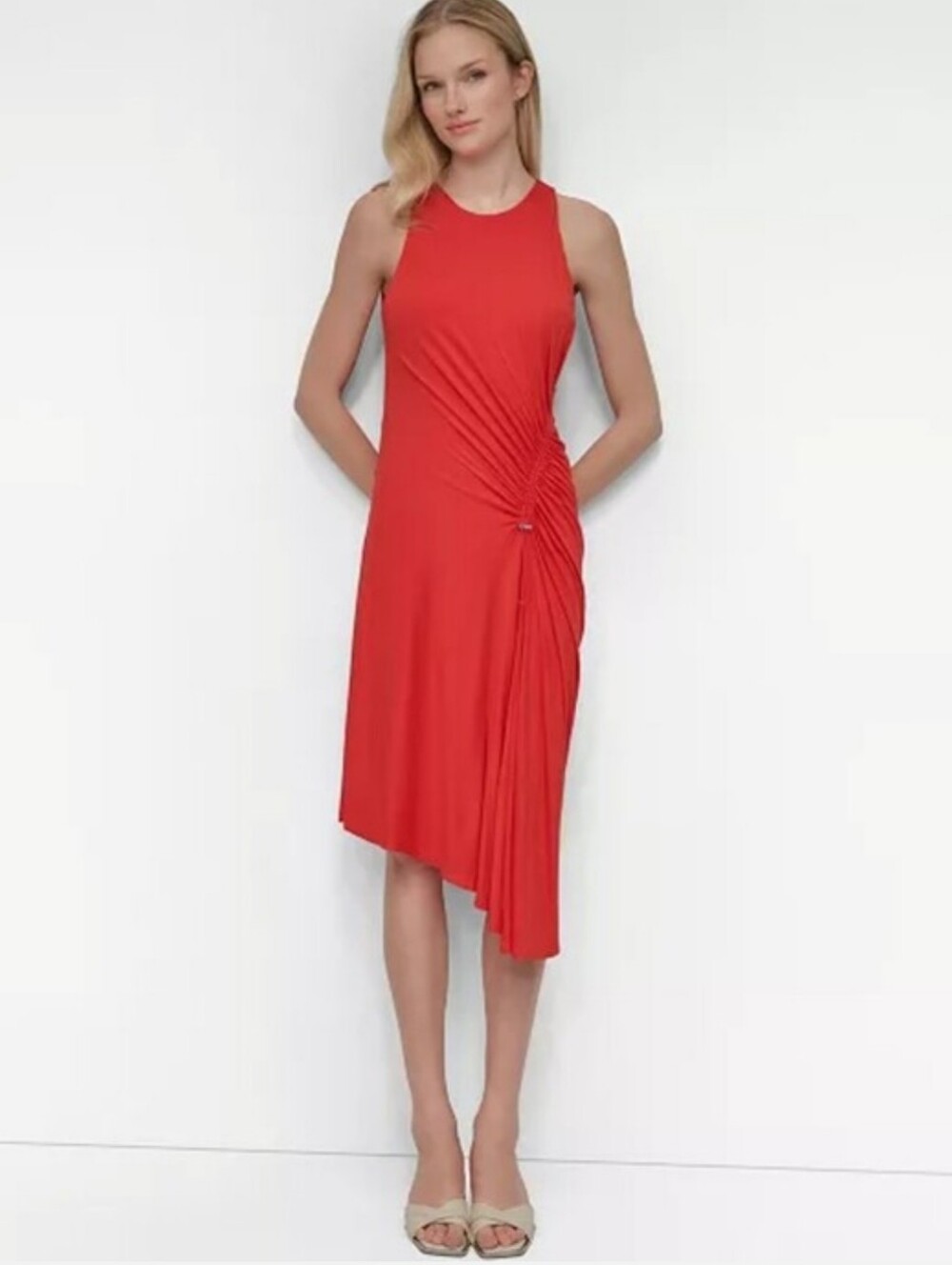 DKNY NWT $129 Orange Ruched Sleeveless Midi Dress Size 12 Asymmetrical Strecthy